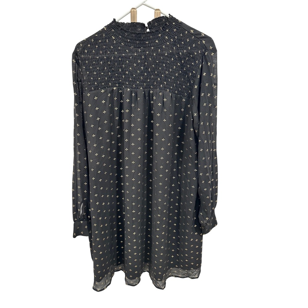 A New Day Black Gold Floral Long Sleeve Smocked‎ Mock Neck Mini Dress XXL